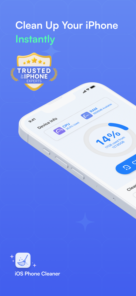 Clean Phone Storage Now - Clean Phone Storage Now app dashboard showing iPhone storage and device info