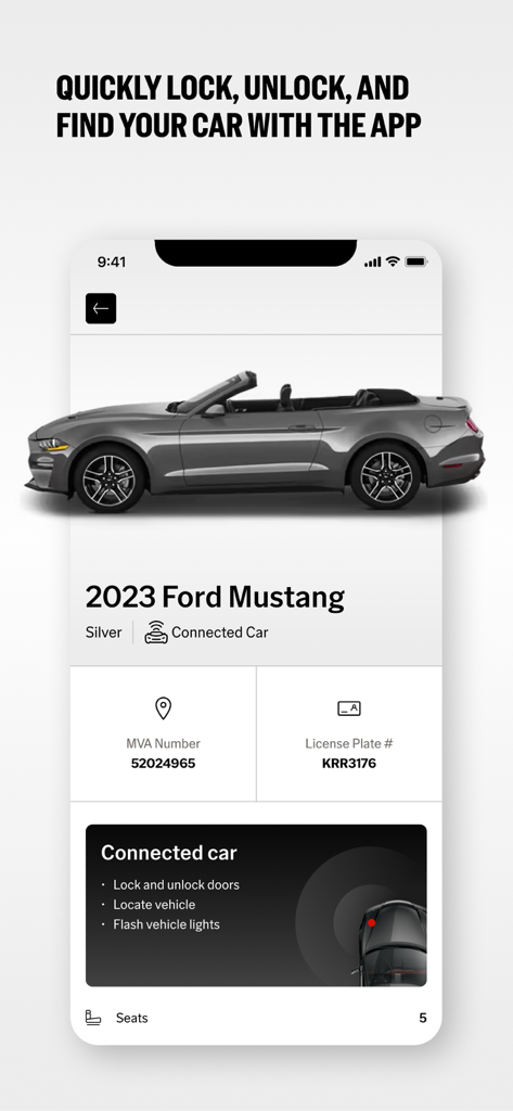 Avis - Car Rental - Avis app showing connected car features like remote lock, unlock, and vehicle location for a Ford Mustang