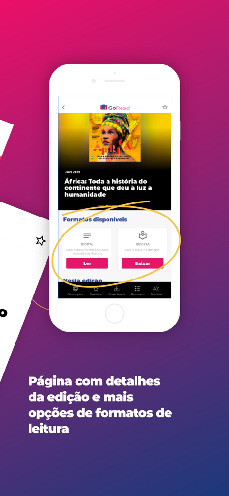GoRead - Revistas Digitais - Interface of the GoRead app displaying magazine edition details and different reading format options
