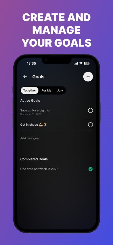 Our Story - App for couples - Pantalla del rastreador de metas de relación en la aplicación Nuestra Historia para parejas que muestra metas activas y completadas.