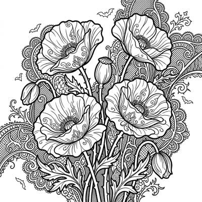 Unleash your creativity with this exquisite Gothic Flanders Poppies coloring page, featuring intricate Victorian lace and subtle bat motifs. Dive into a world of dark elegance and bring these melancholic blooms to life with your chosen colors.