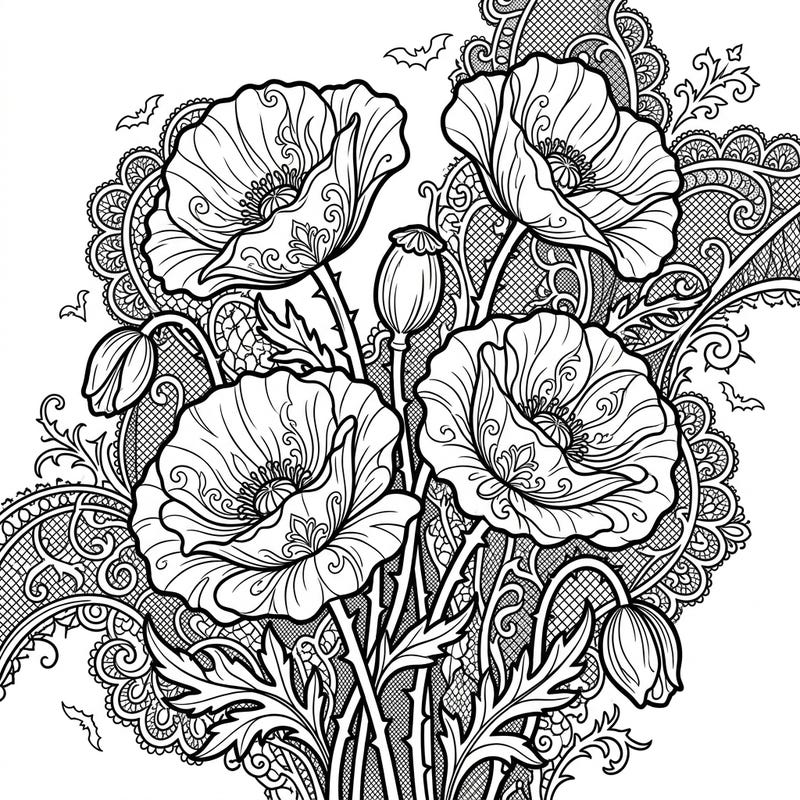 Unleash your creativity with this exquisite Gothic Flanders Poppies coloring page, featuring intricate Victorian lace and subtle bat motifs. Dive into a world of dark elegance and bring these melancholic blooms to life with your chosen colors.