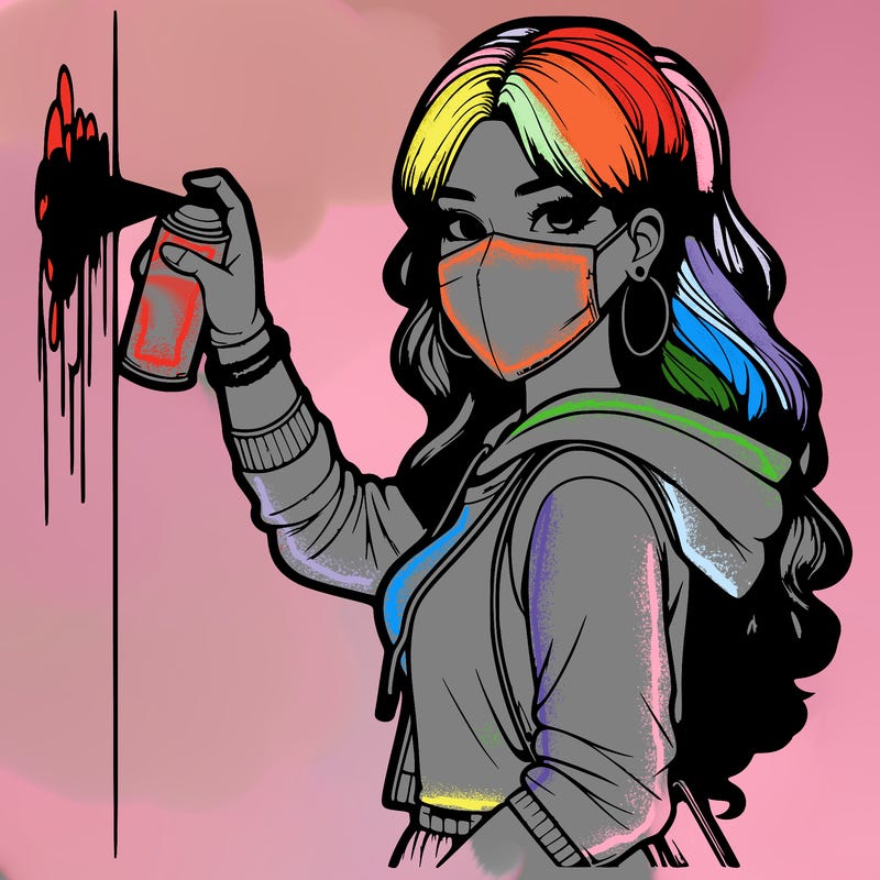 realistic girl with mask spray painting a wall