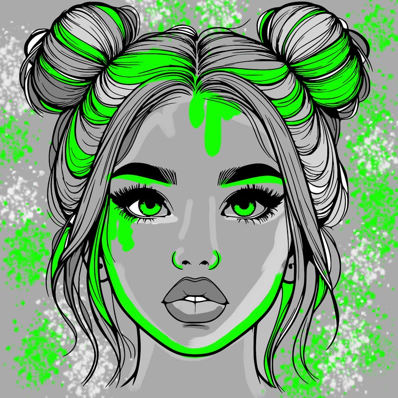 realistic girl with two buns on her hair and lips