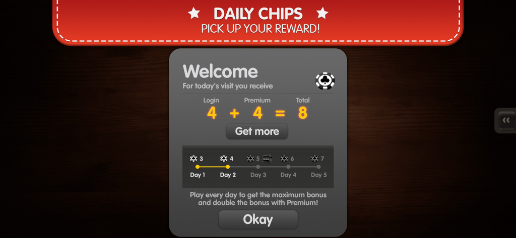 Doppelkopf Online Doko - 보너스 계산과 진행률 표시줄을 보여주는 도펠코프 온라인 도코 앱의 일일 칩 로그인 보상 화면.