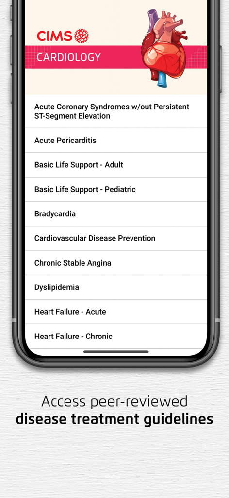 CIMS India - CIMS India app screenshot showing a list of cardiology disease treatment guidelines