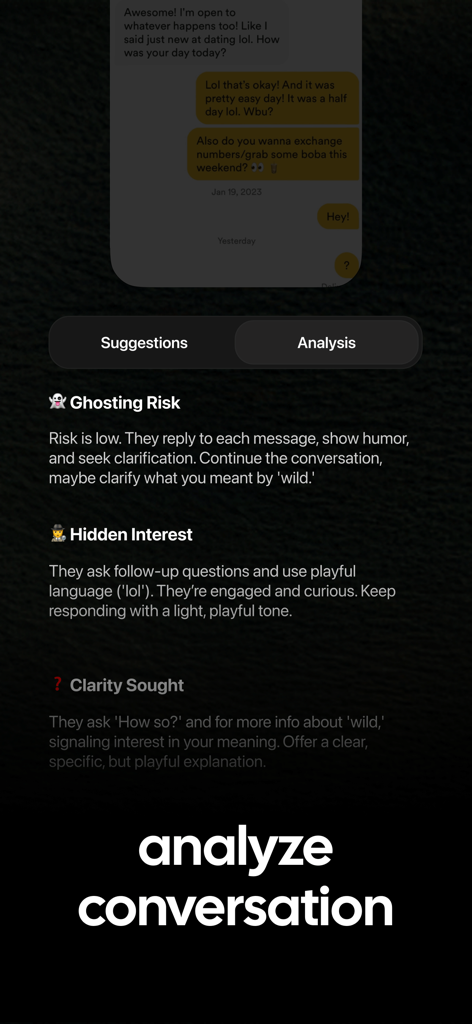 Woto - AI Texting Assistant - An analysis screen from the Woto app showing ghosting risk, hidden interest, and clarity metrics for a chat conversation.