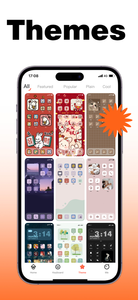 A gallery of aesthetic iPhone themes in the iFonts app featuring custom wallpapers and app icons