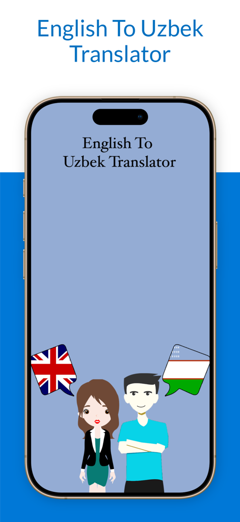 English To Uzbek Translation - Tela inicial do aplicativo de Tradução de Inglês para Uzbeque com personagens ilustrados e bandeiras de países