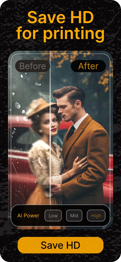 Restauración HD con IA de antes y después de una foto antigua de una pareja para impresión de alta calidad