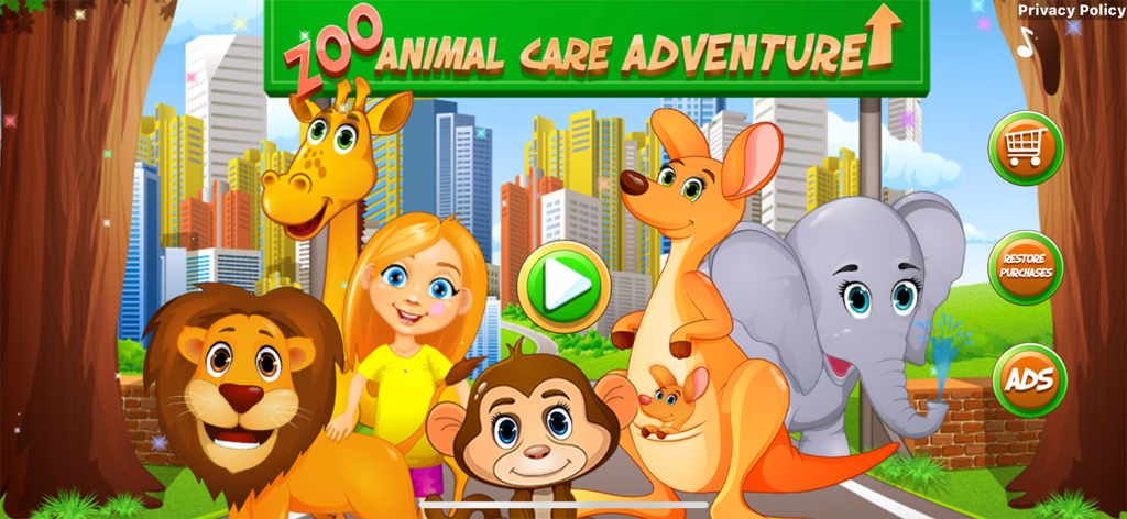 Zoo Animal Care Adventure Game - The main menu screen of Zoo Animal Care Adventure featuring a girl and cartoon zoo animals including a lion giraffe monkey kangaroo and elephant