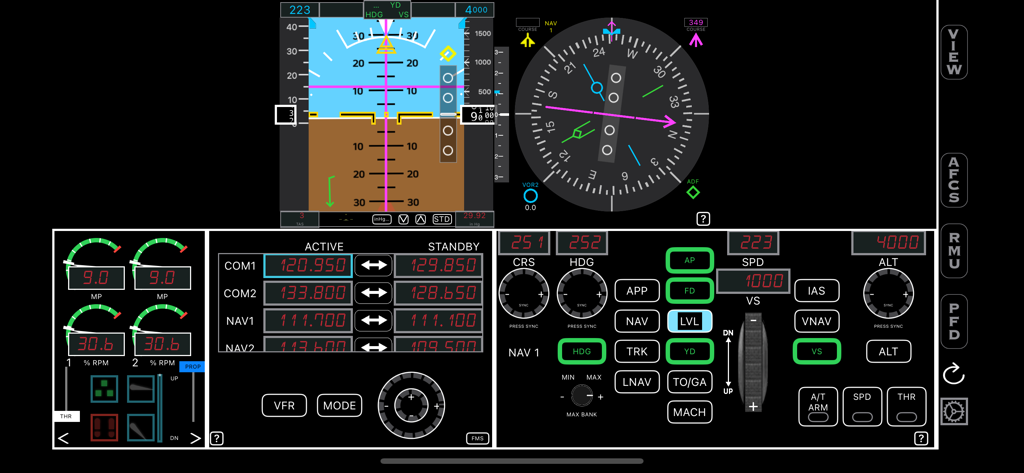 HomeSim - Digital cockpit dashboard showing flight instruments, radio frequencies, and autopilot controls for X-Plane 12.
