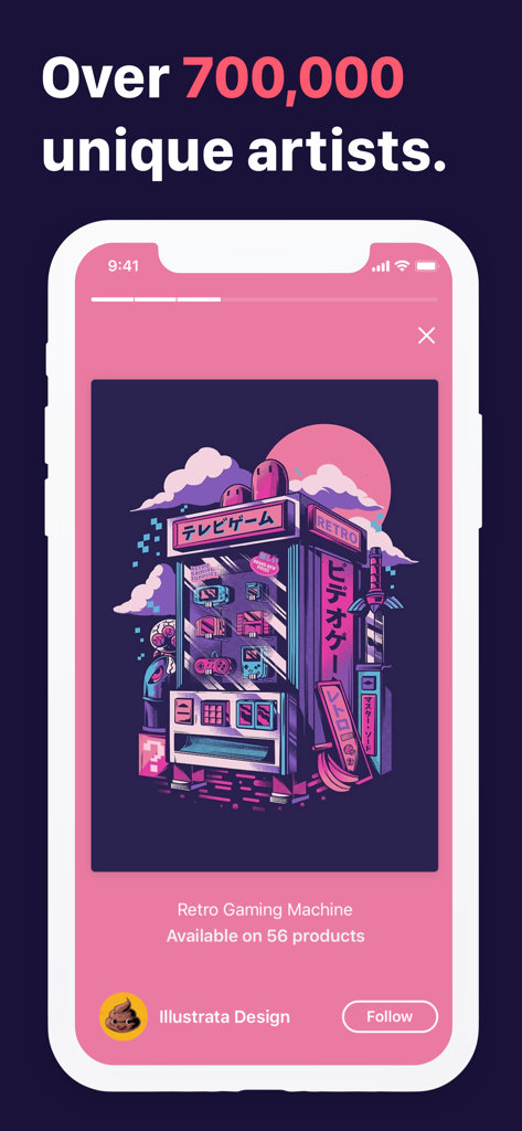 Redbubble mobile app screen displaying a retro gaming machine design from an independent artist