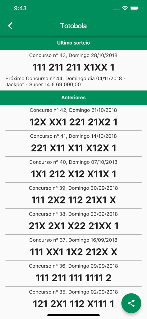 Historial de resultados de sorteos de la lotería Totobola en la app Lotería de Portugal