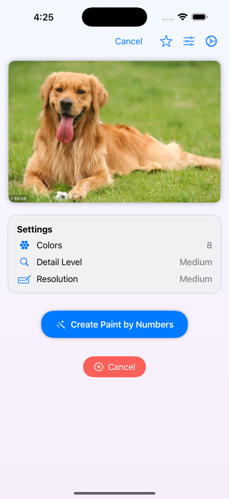 ColorCrafter: Paint by Numbers - La pantalla de configuración de la aplicación ColorCrafter que muestra opciones para convertir una foto de perro en una plantilla de pintura por números.