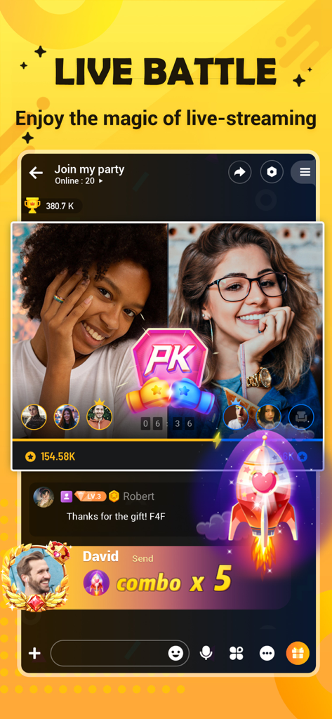 Split screen view of a live PK battle between two streamers on the Hago app