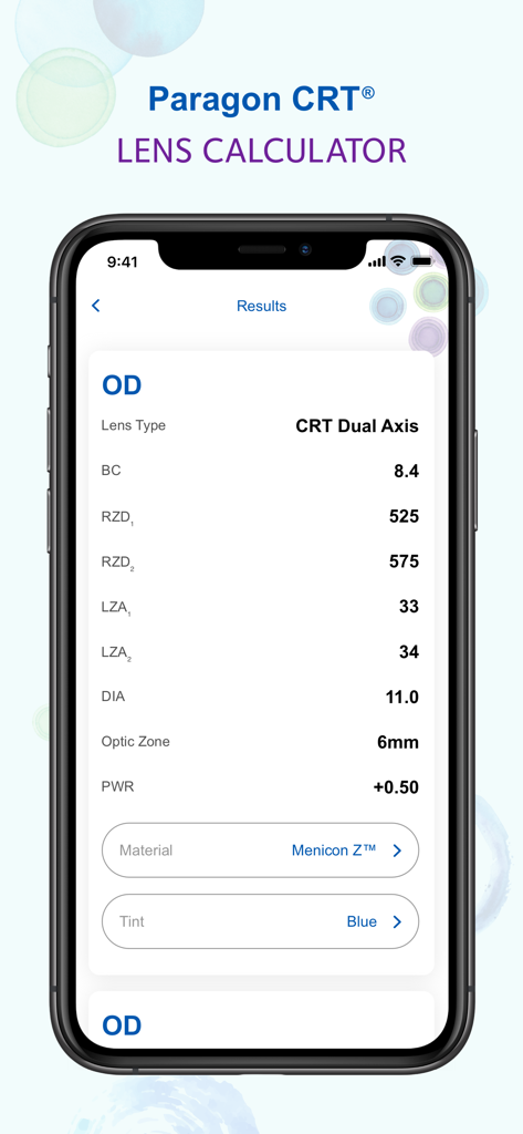 모바일 앱 인터페이스에서 BC, RZD 및 LZA 매개변수를 보여주는 Paragon CRT 듀얼 액시스 콘택트 렌즈의 처방 계산 결과.