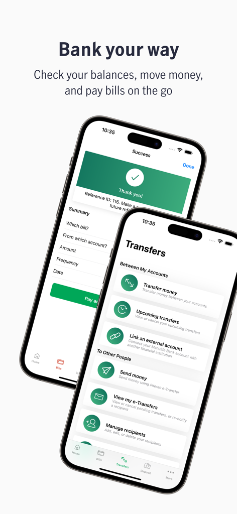 Manulife Bank Mobile app interface on two smartphones showing money transfer options and payment success screen.