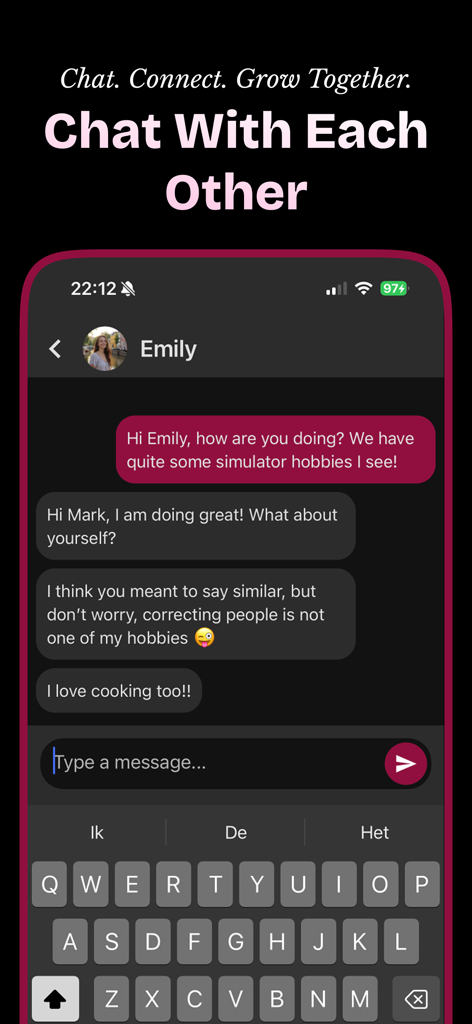 Faith - Christian singles - A chat interface of the Faith dating app showing a friendly conversation between two users named Emily and Mark about their shared hobbies
