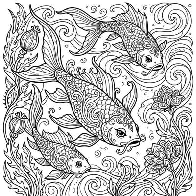 Explore the mysterious depths with this stunning Gothic River Fish coloring page, featuring three intricately detailed fish swimming through an ornate aquatic scene. Immerse yourself in a world of dark elegance as you bring these mesmerizing creatures to life with your chosen colors.