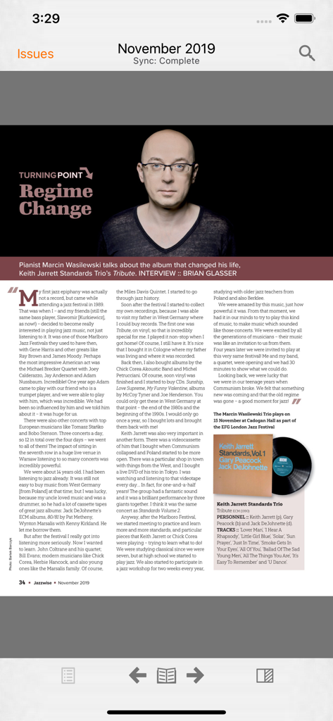 A digital magazine page in the Jazzwise app featuring an interview with pianist Marcin Wasilewski about jazz history.