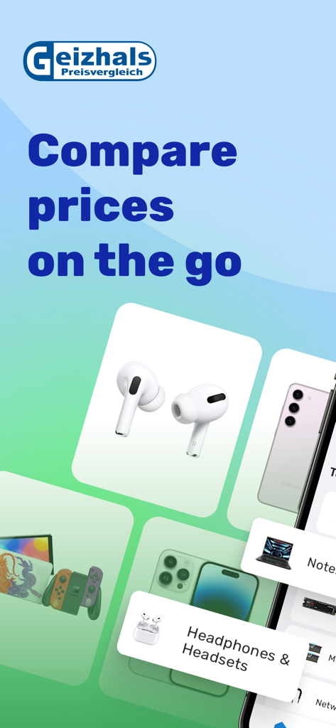 Application mobile Geizhals montrant des comparaisons de prix pour l'électronique et les gadgets technologiques.