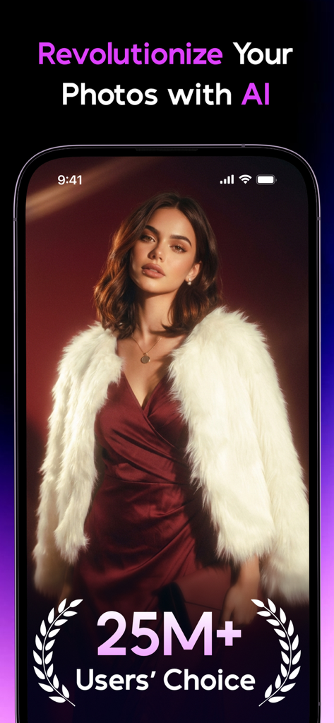 Tela do aplicativo AI Mirror apresentando uma foto aprimorada por IA e um selo de escolha de mais de 25 milhões de usuários