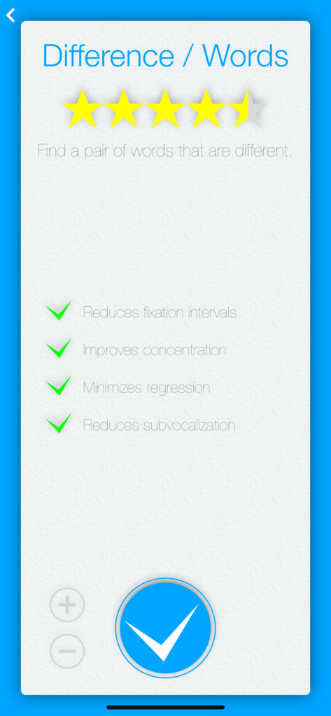 Speed Reading IQ: epub, djvu - Speed Reading IQ app screen showing the word difference exercise and its cognitive benefits like reduced subvocalization