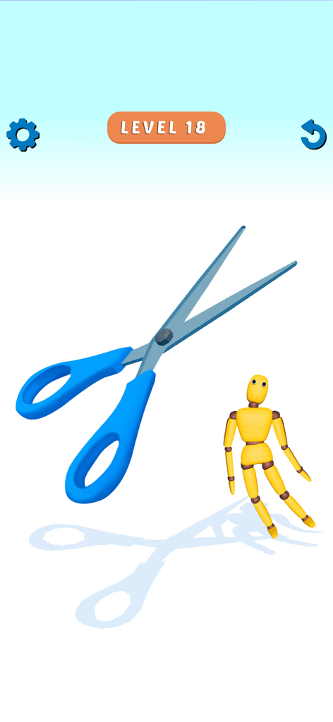 Ragdoll Games: Breaking Bones - Captura de pantalla del juego Ragdoll Games Breaking Bones con un muñeco amarillo y unas tijeras azules grandes en el Nivel 18.