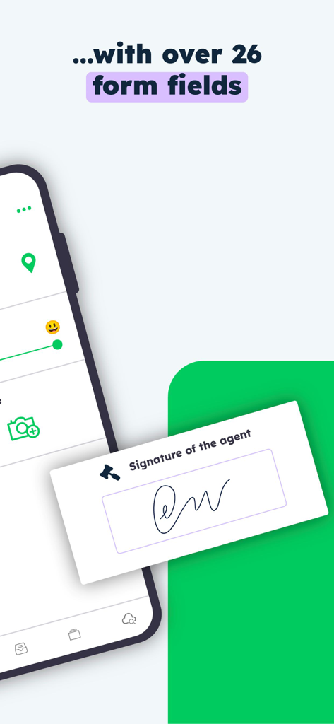 Kizeo Forms, Mobile forms - Campo de firma digital y varias opciones de entrada de formularios en la interfaz de la aplicación móvil Kizeo Forms.