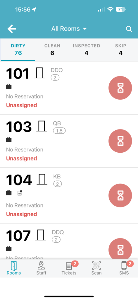 Mobile interface of the ALICE Staff app showing hotel room cleaning statuses and unassigned room list
