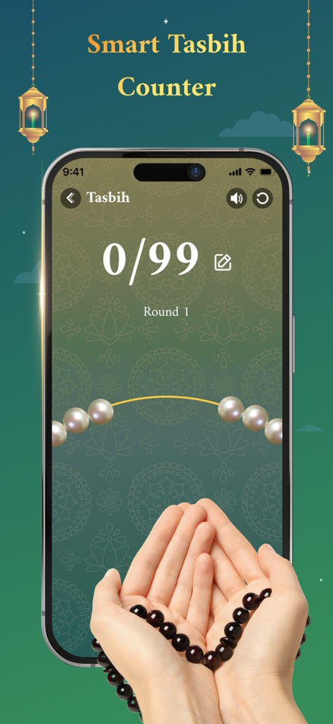 Muslim: Quran & Prayer Time - Digital Tasbih counter on a smartphone screen with pearl prayer beads and hands holding physical dhikr beads