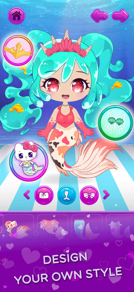 Chibi Dress Up Beauty Salon - Uma personagem sereia chibi fofa com cabelo azul e uma cauda colorida em um menu de personalização