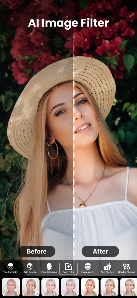 AI Bald Camera Photo Editor - Comparaison avant et après d'un portrait utilisant la fonctionnalité de filtre d'image IA