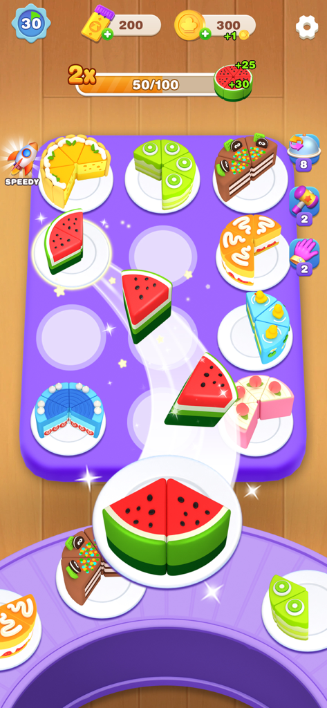 Cake Sort Master-Color Puzzle - Captura de pantalla del juego de Cake Sort Master que muestra rebanadas de pastel en 3D siendo clasificadas y unidas en un tablero morado.