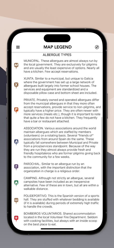Wise Pilgrim All Caminos - Map legend showing different albergue types in the Wise Pilgrim All Caminos app