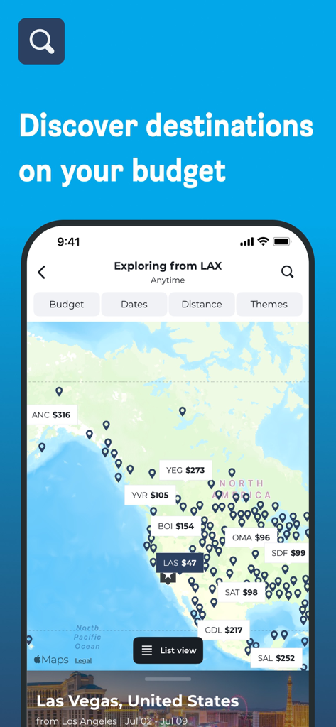 HotelsCombined app showing a map with destination flight prices for budget travel planning