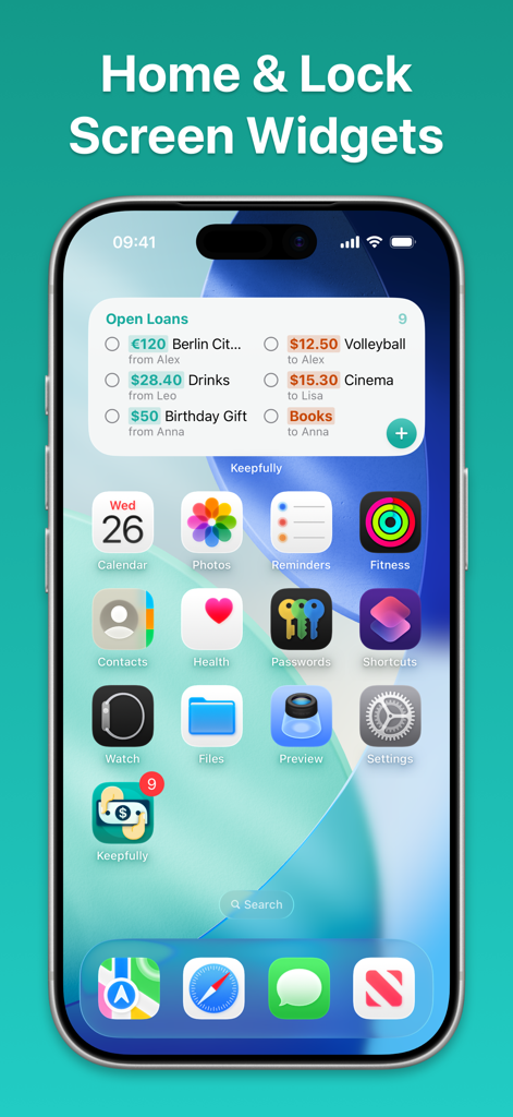 Keepfully – Loan Tracker - Keepfully app widget on an iPhone home screen showing a list of open loans and borrowed items