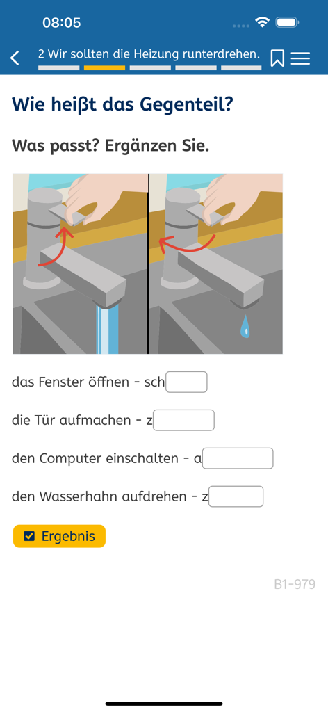 B1-Deutsch - A German language learning exercise in the B1-Deutsch app showing illustrations of a faucet and a fill-in-the-blank vocabulary task about opposites.