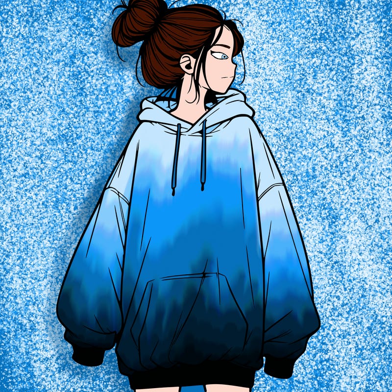 realistic girl with a oversized sweatshirt on and a bun