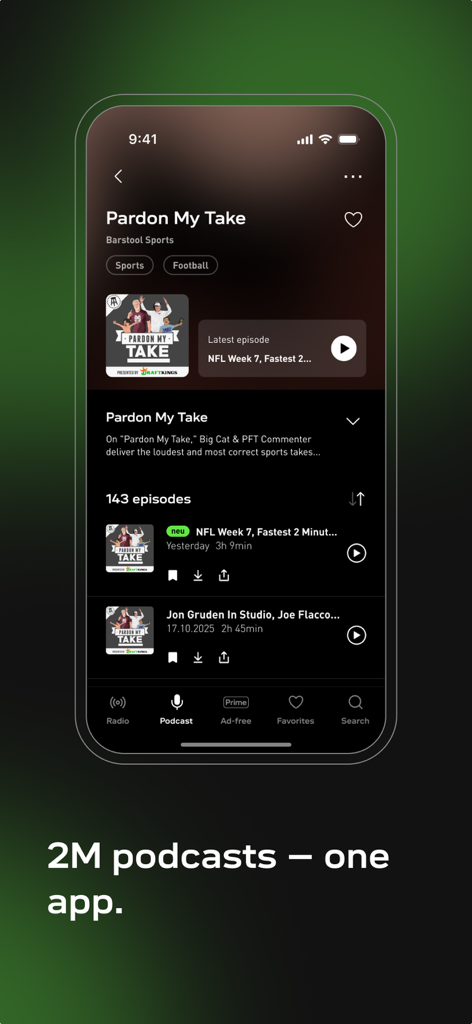 radio.net - AM FM Radio Tuner - radio.net app podcast library screen showing Pardon My Take sports podcast episodes