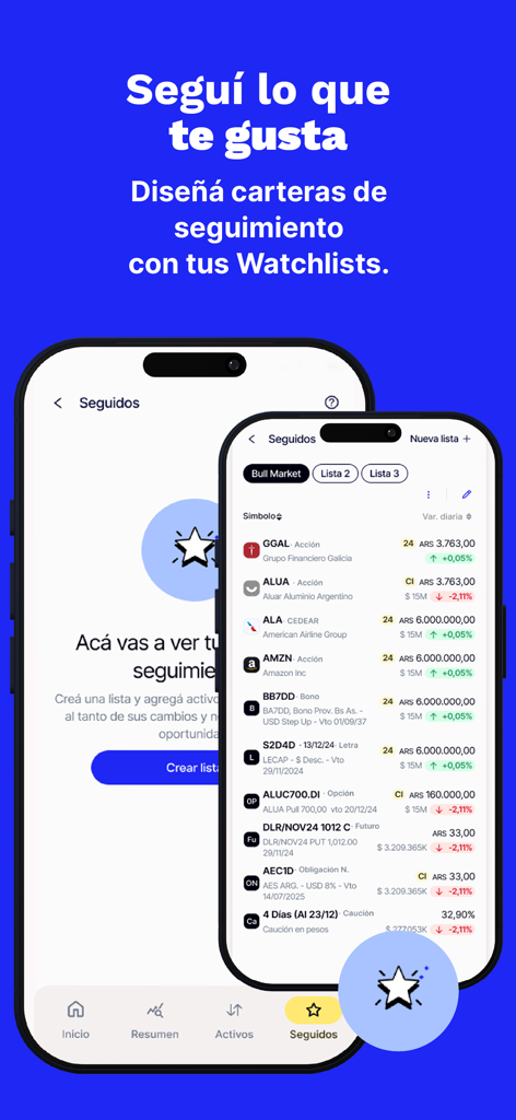 Bull Market - Bull Market mobile app interface displaying investment watchlists for tracking Argentine and international financial assets
