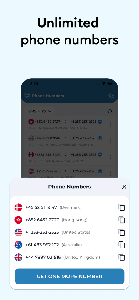 SMSVerify app screen showing a list of virtual phone numbers from various countries including the USA and UK