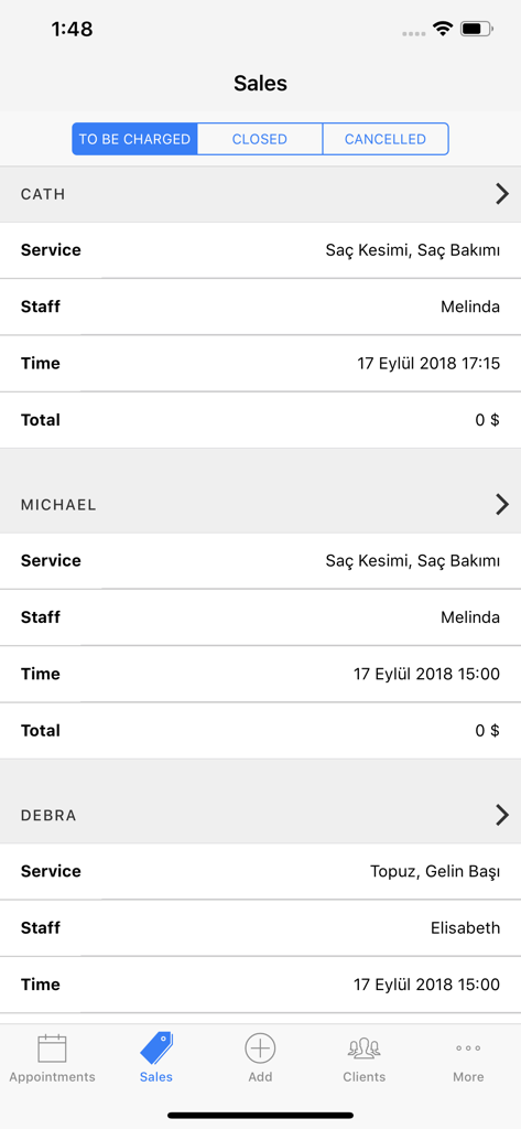 Benutzeroberfläche der SalonAppy-App mit dem Verkaufsmanagement-Bildschirm, einschließlich Termindetails wie Dienstleistungsarten und Mitarbeiternamen