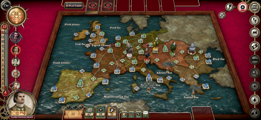 Fury of Dracula - Un mapa estratégico de Europa en la edición digital del juego de mesa Fury of Dracula que muestra las ubicaciones de los personajes y la interfaz del jugador.