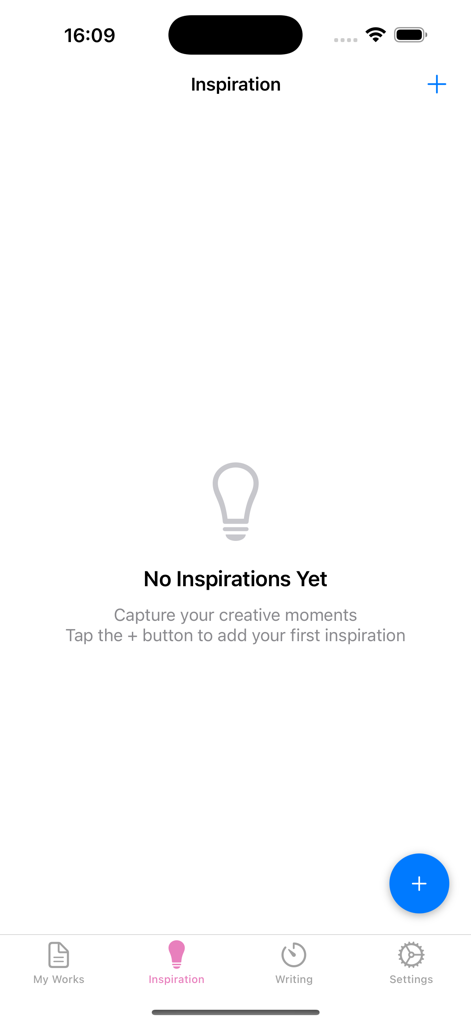 Empty inspiration screen in the TexSmith writing assistant app