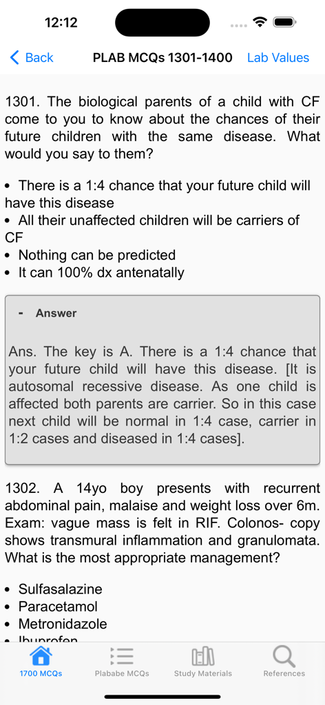 Medical exam preparation screen showing multiple choice questions and answers for the PLAB exam.