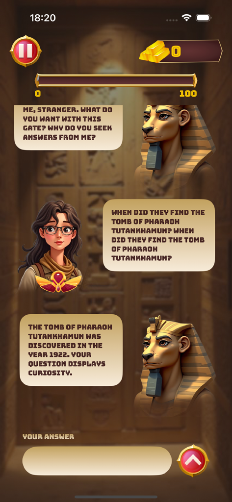 Egyptian Enigma - A gameplay screenshot showing a dialogue between a player character and a mystical Sphinx guardian about ancient history.