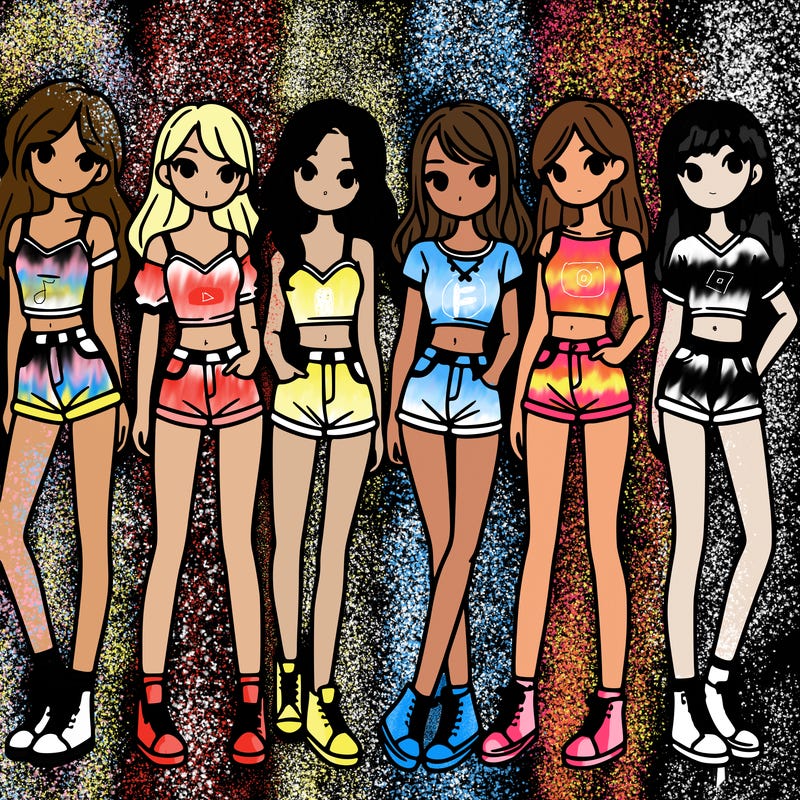 a group of girls wearing crop tops and shorts