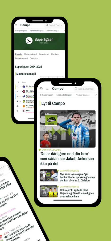 campo.dk - Screenshots of the campo.dk mobile app showing football league tables and news podcasts